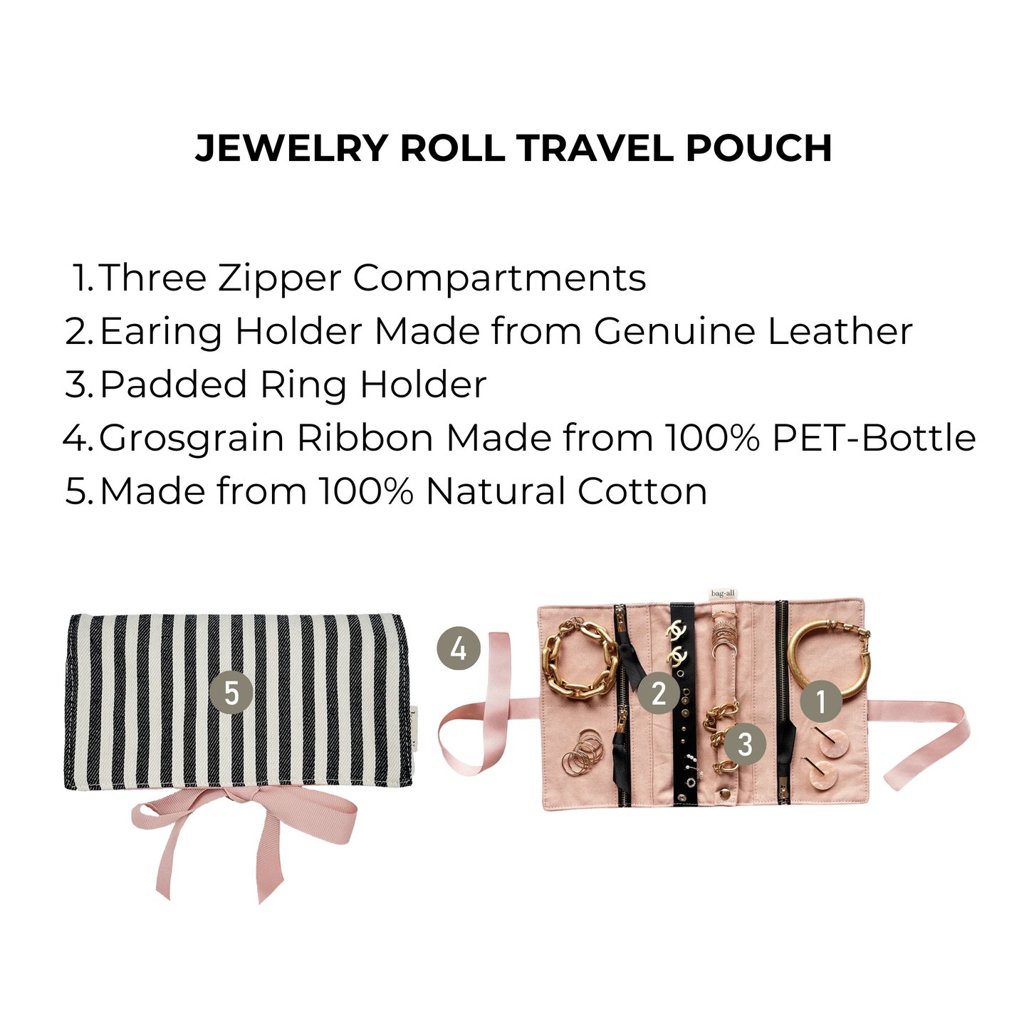 Bag-all Couture Jewelry Roll Medium Striped: Black and white cotton travel organizer with pink lining, featuring 3 zipper compartments, leather earring holder, and padded ring storage. Eco-friendly grosgrain details.