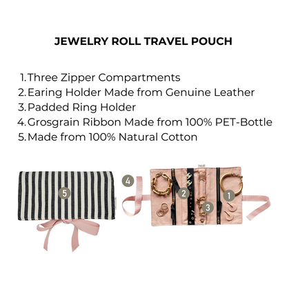 Bag-all Couture Jewelry Roll Medium Striped: Black and white cotton travel organizer with pink lining, featuring 3 zipper compartments, leather earring holder, and padded ring storage. Eco-friendly grosgrain details.