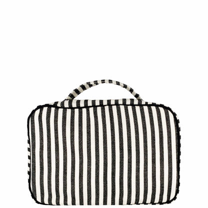 Bag-all Striped Folding/Hanging Toiletry Case with three compartments, mesh pocket, and adjustable hanging ribbon in black and white cotton, perfect for travel organization