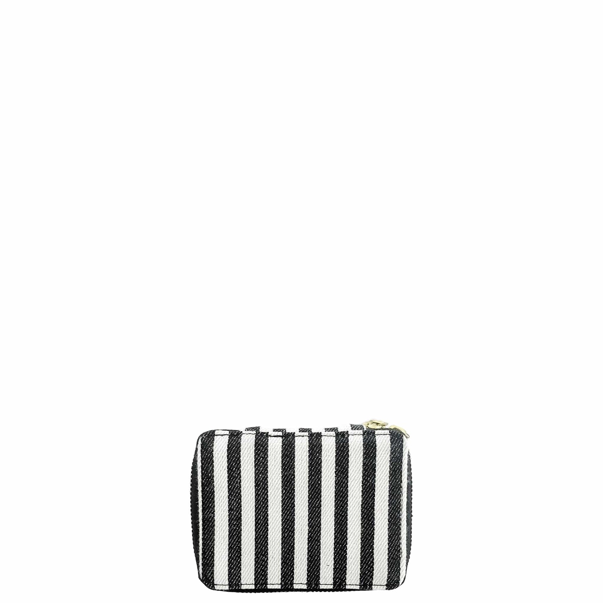 Bag-all Striped Pill Organizing Case with Weekly Pill Organizer featuring black and white vertical stripes, zipper closure, and compact travel-friendly design for medication storage