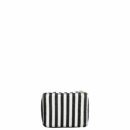 Bag-all Striped Pill Organizing Case with Weekly Pill Organizer featuring black and white vertical stripes, zipper closure, and compact travel-friendly design for medication storage