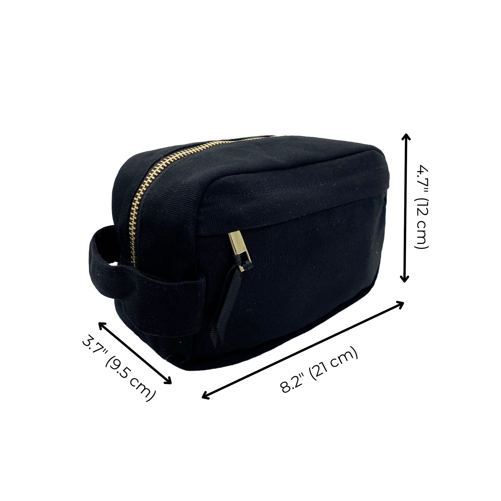 Bag-all Toiletry Pouch with Zipper in Black - Compact waterproof travel organizer with gold hardware, measuring 8.2 x 4.7 inches, featuring laminated interior and extra storage pocket