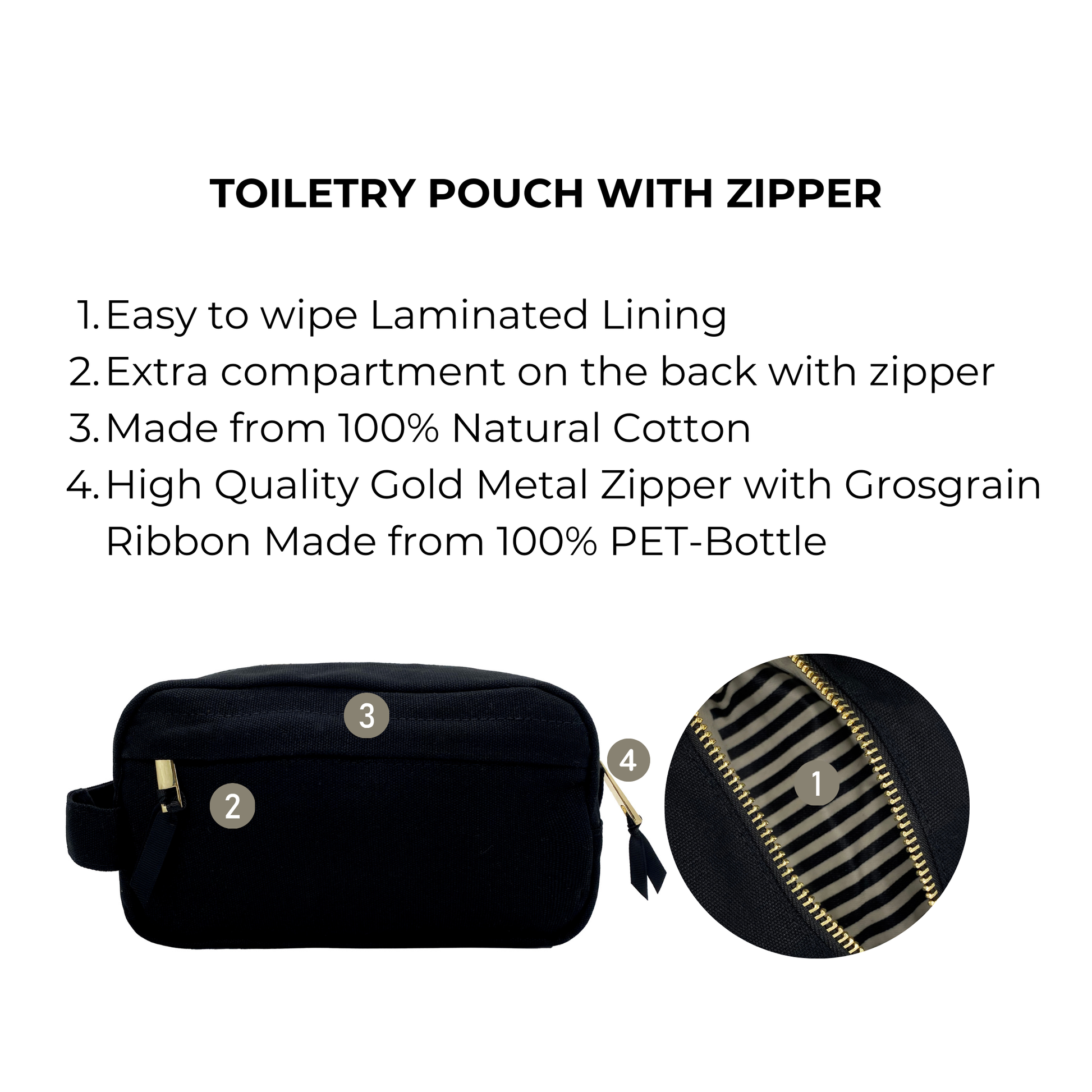 Bag-all Black Toiletry Pouch with Zipper featuring laminated lining, gold metal zipper, natural cotton construction, and extra back compartment for organized travel storage