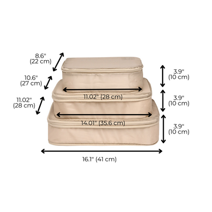 Bag-all recycled nylon compression packing cubes in taupe shown in 3 sizes with measurements, displaying the compact and organized design for efficient travel packing