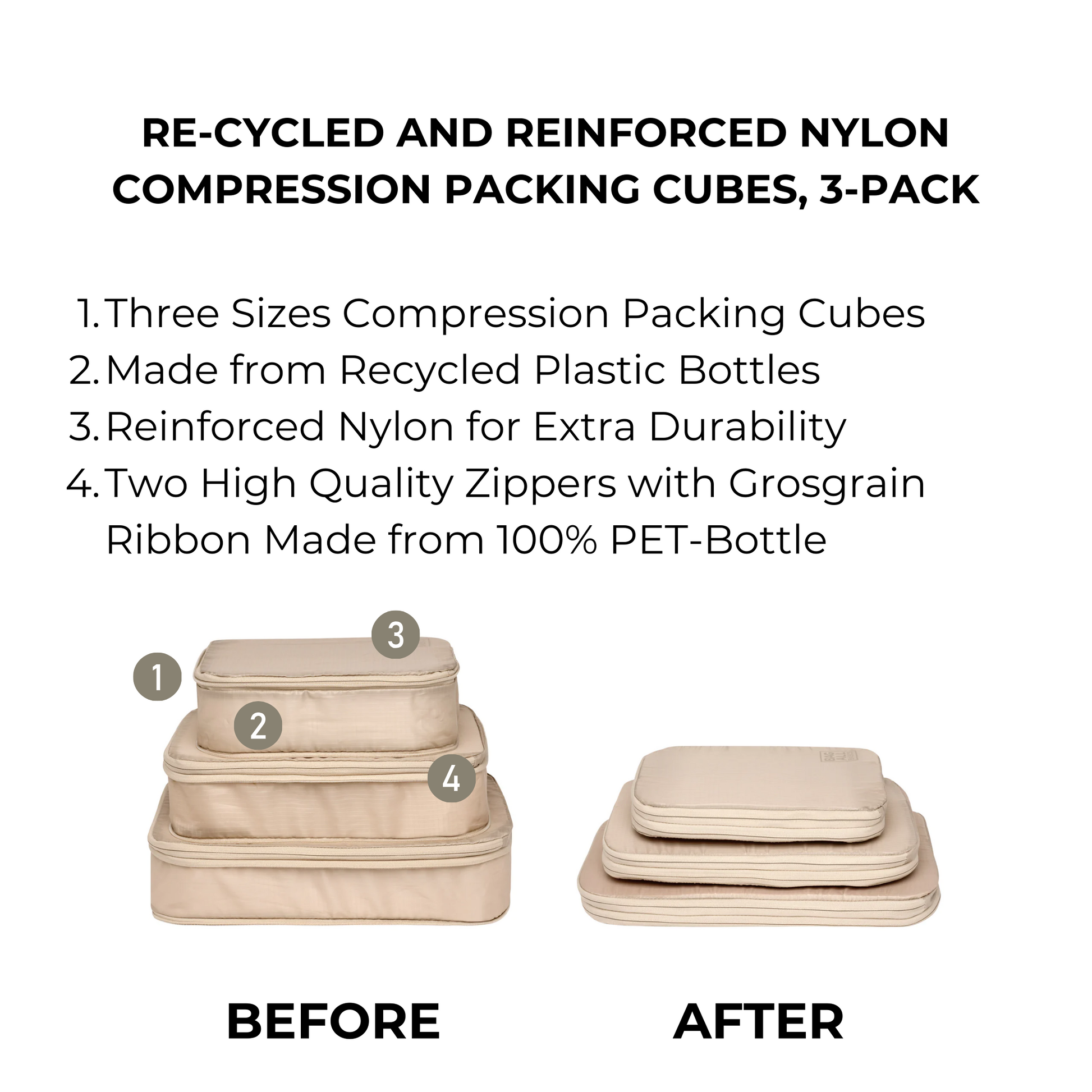 Bag-all Re-cycled Nylon Compression Packing Cubes in taupe showing before and after compression comparison, featuring three sizes with eco-friendly zippers made from recycled PET bottles