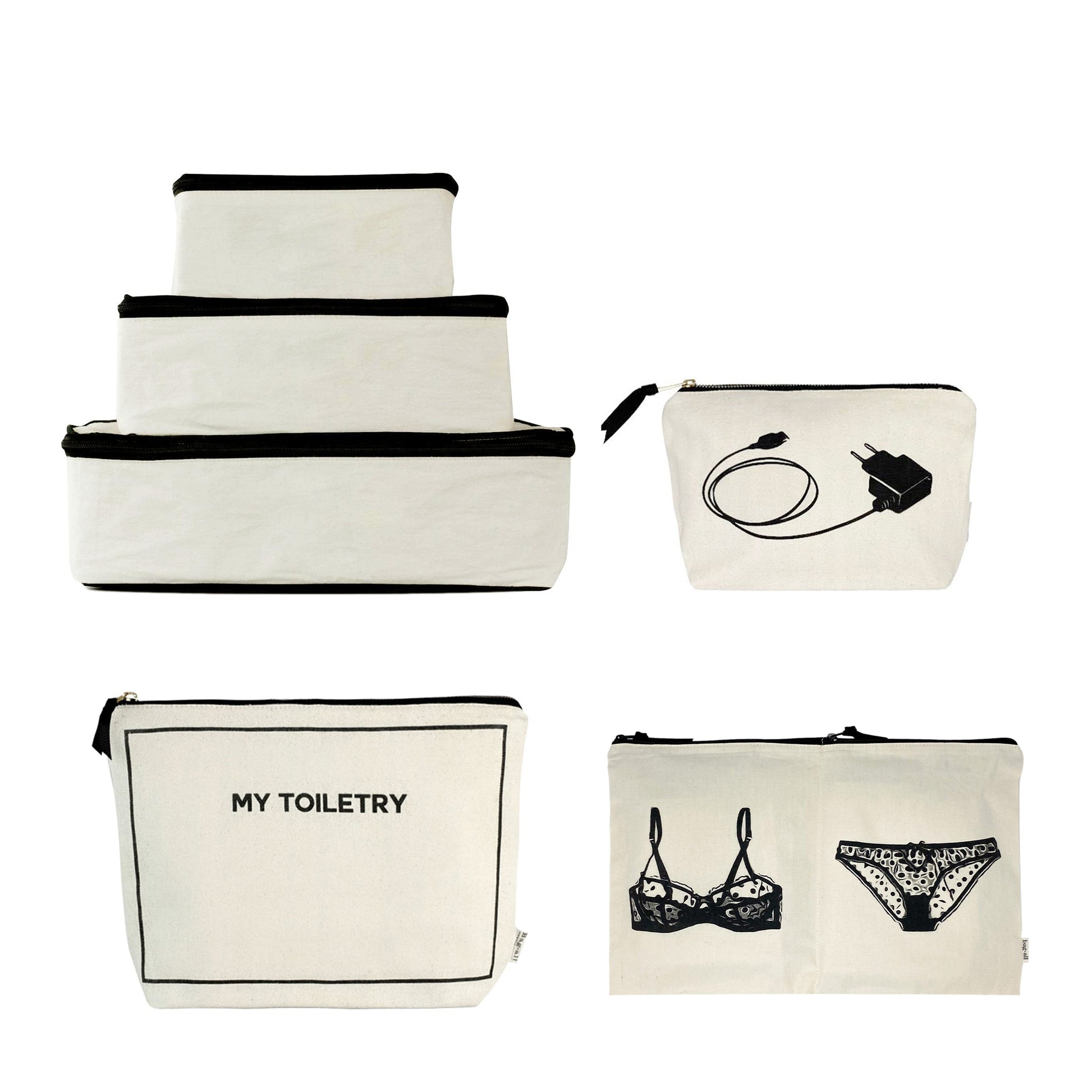 Bag-all Weekend Essential Packing Set 4-Pack in cream, featuring organized cotton cubes, toiletry pouch, lingerie bag, and charger case with black trim for stylish travel organization