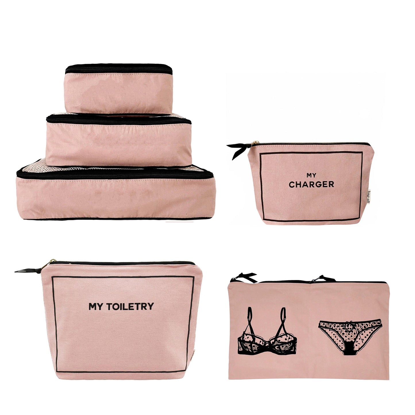 Bag-all Weekend Essential Packing Set in pink/blush featuring organized cotton cubes, toiletry, charger, and lingerie pouches with black trim and text graphics for stylish travel storage