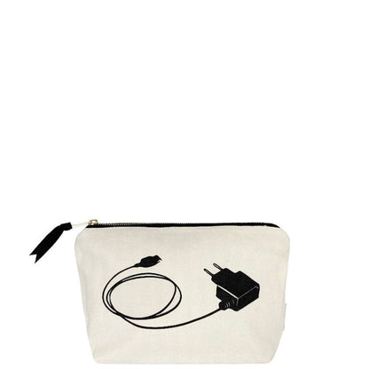 Bag-all Weekend Essential Charger Pouch in cream cotton with black charger illustration, part of 4-pack travel organizer set, featuring zipper closure