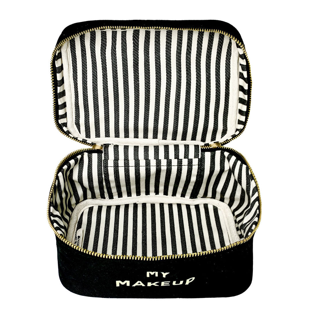 Bag-all My Makeup Cosmetic Box in black with striped interior, featuring waterproof lining and spacious square design for organized beauty storage