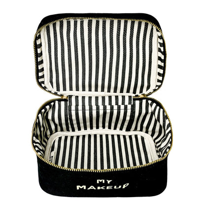 Bag-all My Makeup Cosmetic Box in black with striped interior, featuring waterproof lining and spacious square design for organized beauty storage