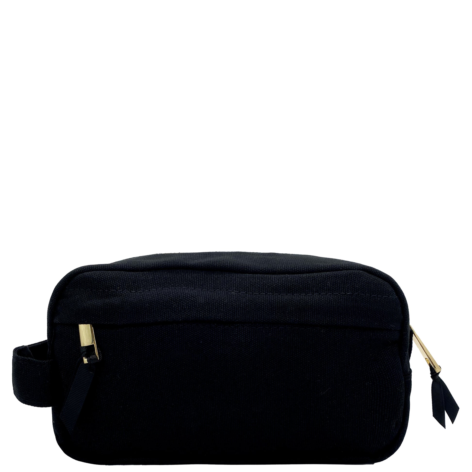 Bag-all Black Toiletry Pouch with Zipper - compact waterproof travel organizer with gold hardware details and protective laminate interior