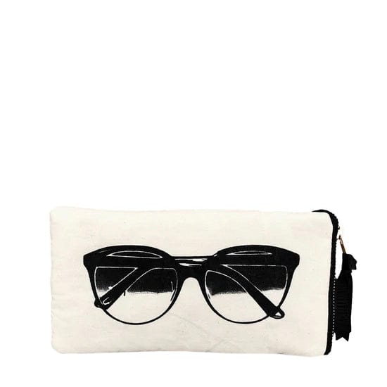 Bag-all Stylish Beach Essentials cream cotton case with black sunglasses graphic, zipper closure, waterproof monogrammable pouch for eyewear protection