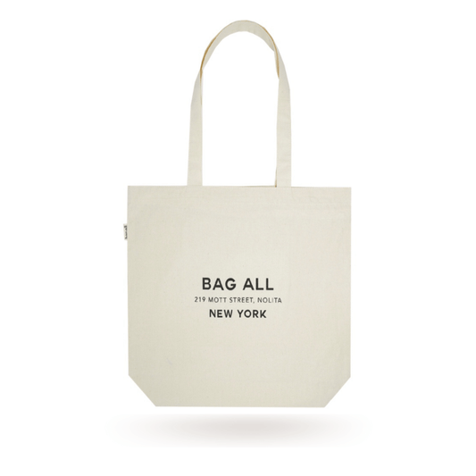 Bag-all New York City Tote - cream cotton zippered tote bag with interior pocket, featuring Bag-all logo and Nolita address, perfect for everyday use