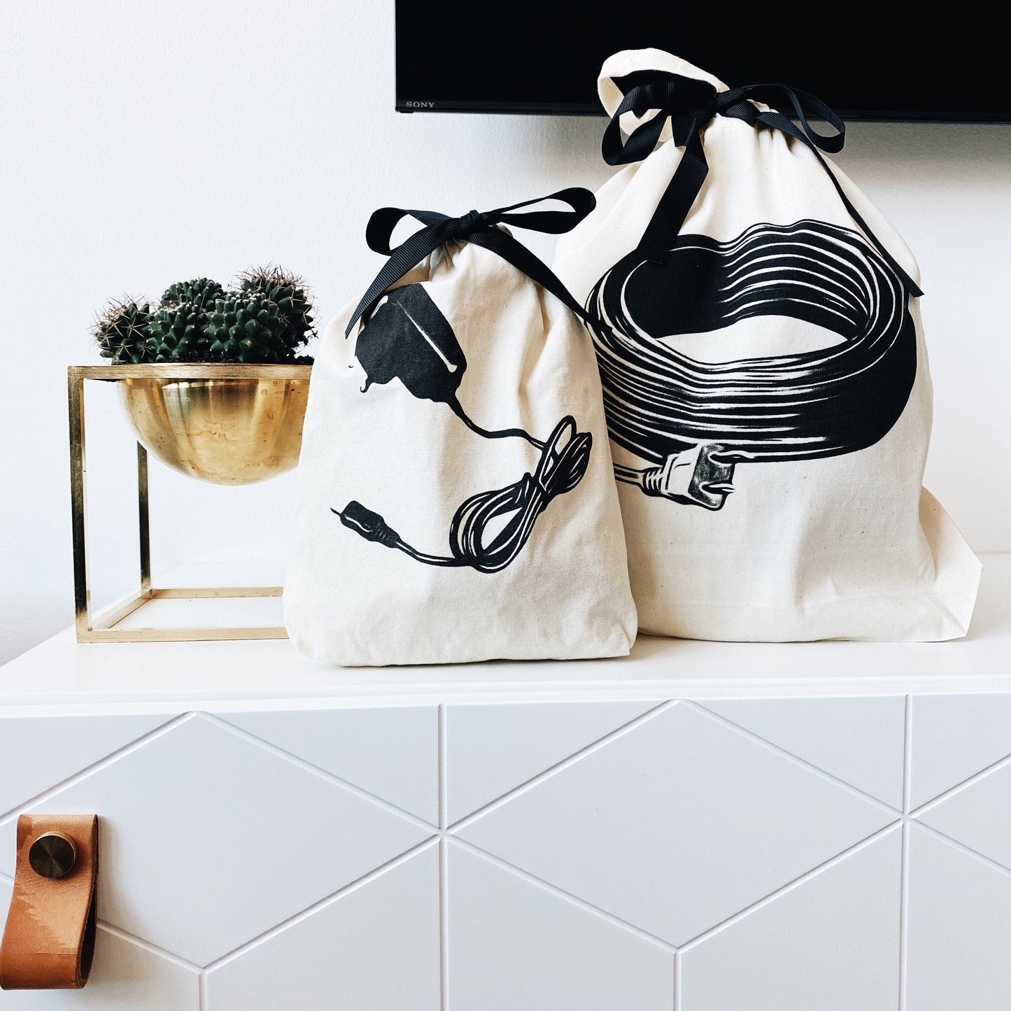 A shelf with cactus and a charger bag and a chord bag. 