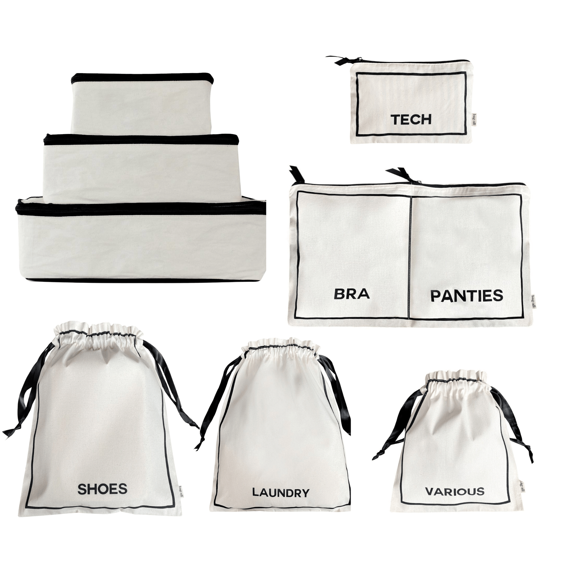 Bag-all BA Travel Set, 8-Pack in Cream. Includes packing cubes, shoe bag, laundry bag, tech pouch, and organizers for travel essentials