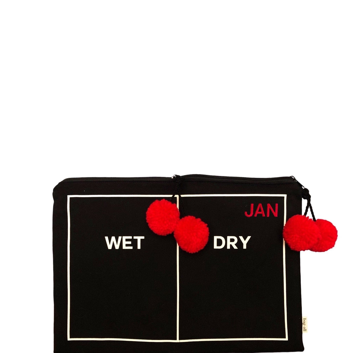 Wet/Dry Black Beach Pouch monogrammed with initials in the top right. 