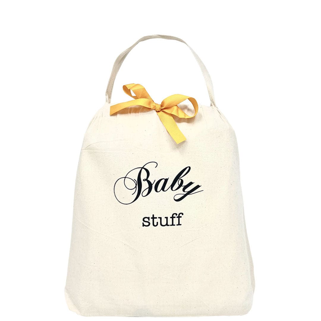 Bag-all Baby Fancy Bag in Cream with yellow ribbon. Elegant cotton drawstring pouch with ‘Baby Stuff’ print, perfect for organizing baby essentials