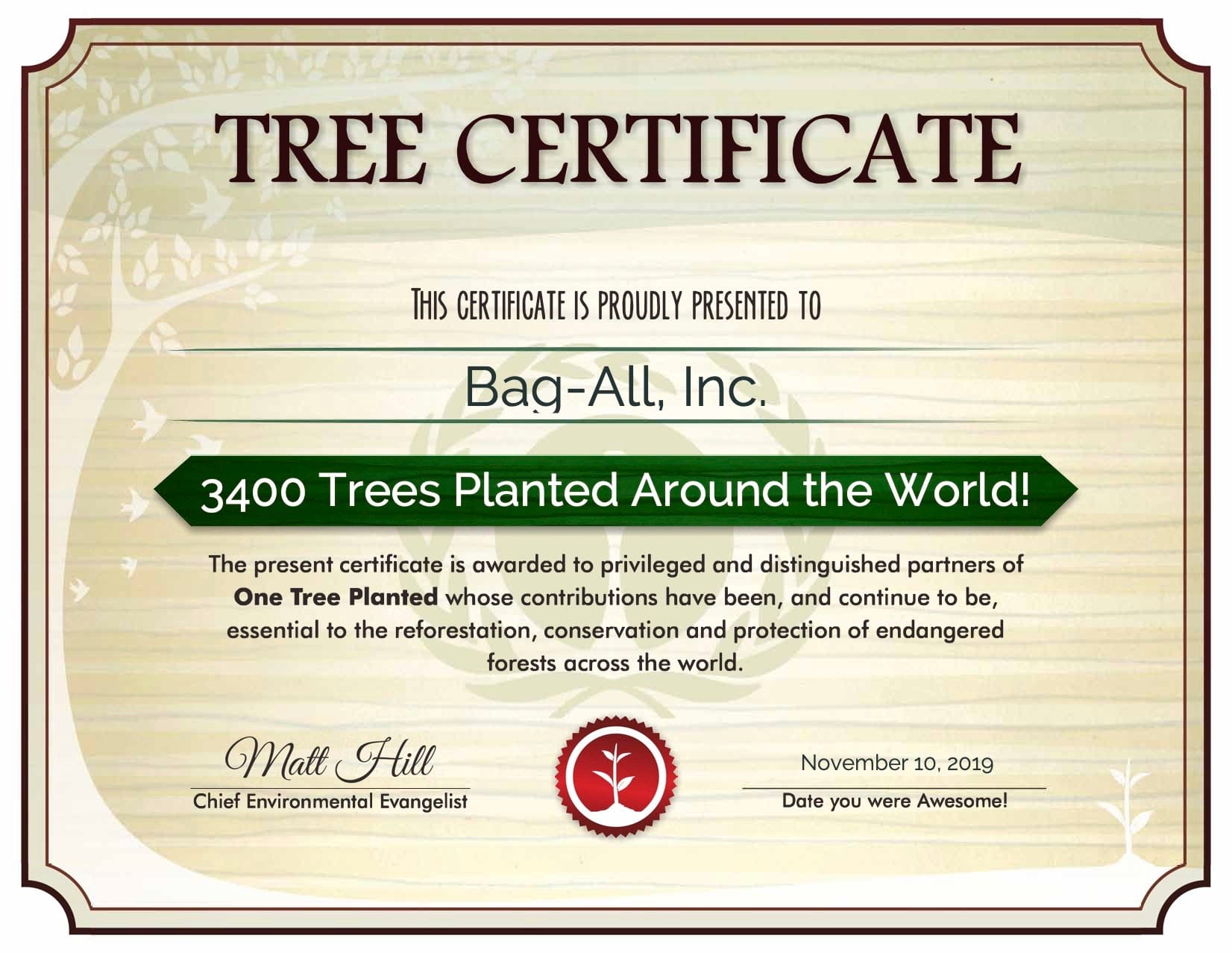 Bag-all Plant a Tree Certificate showing 3400 trees planted worldwide through OneTreePlanted partnership for sustainable reforestation and forest conservation efforts