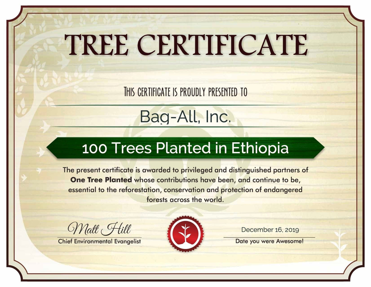 Plant a Tree certificate showing Bag-all's contribution of 100 trees planted in Ethiopia through OneTreePlanted, supporting global reforestation efforts and sustainability