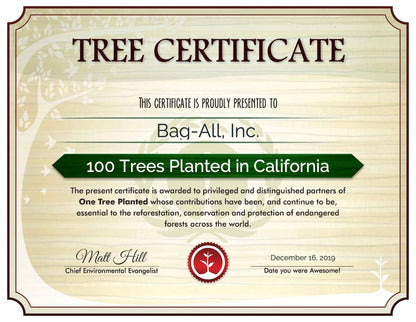 Plant a Tree - Bag-all tree planting certificate showing 100 trees planted in California through OneTreePlanted partnership, featuring vintage-style design with green accents and official seal