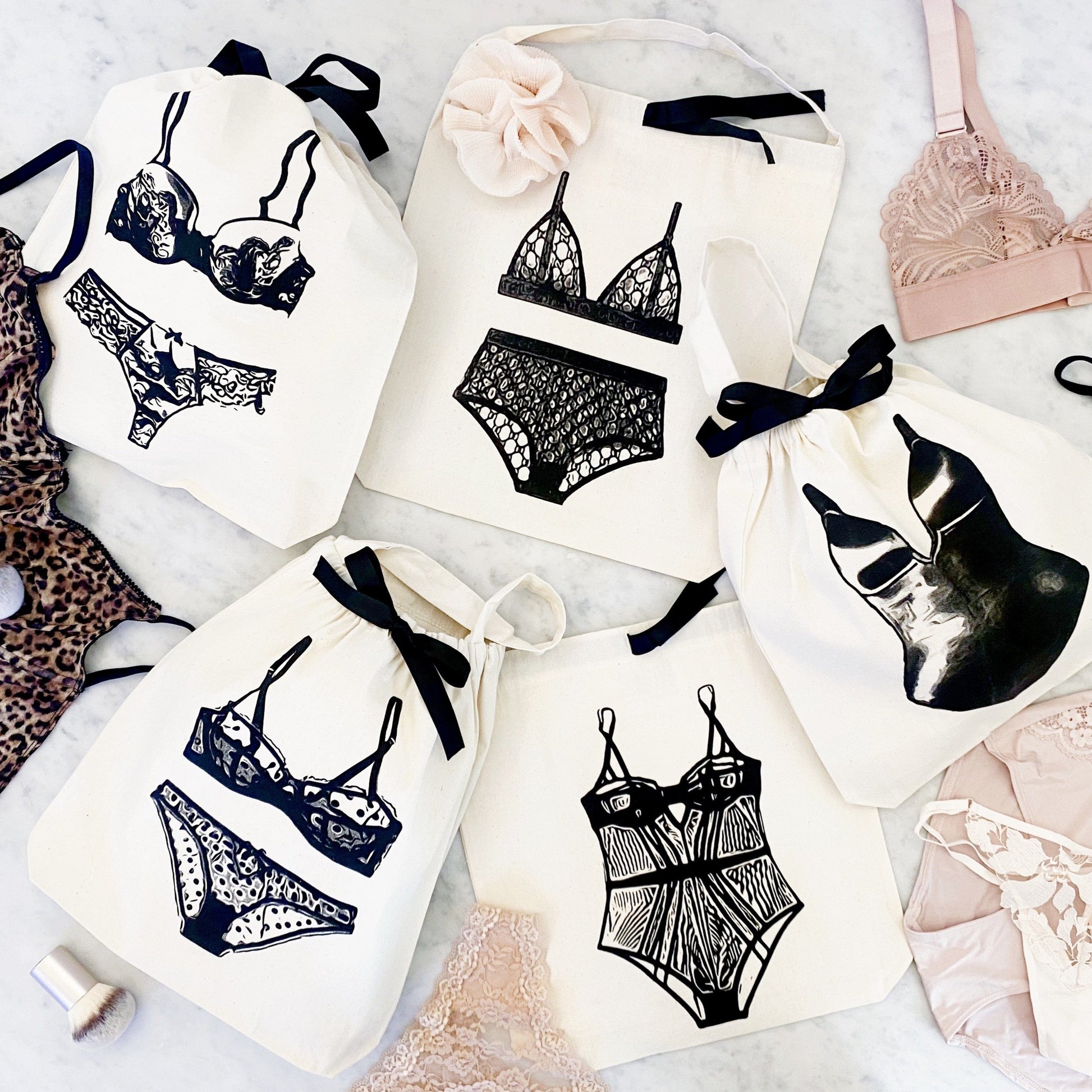 Bikini bags and lingerie bags all together.