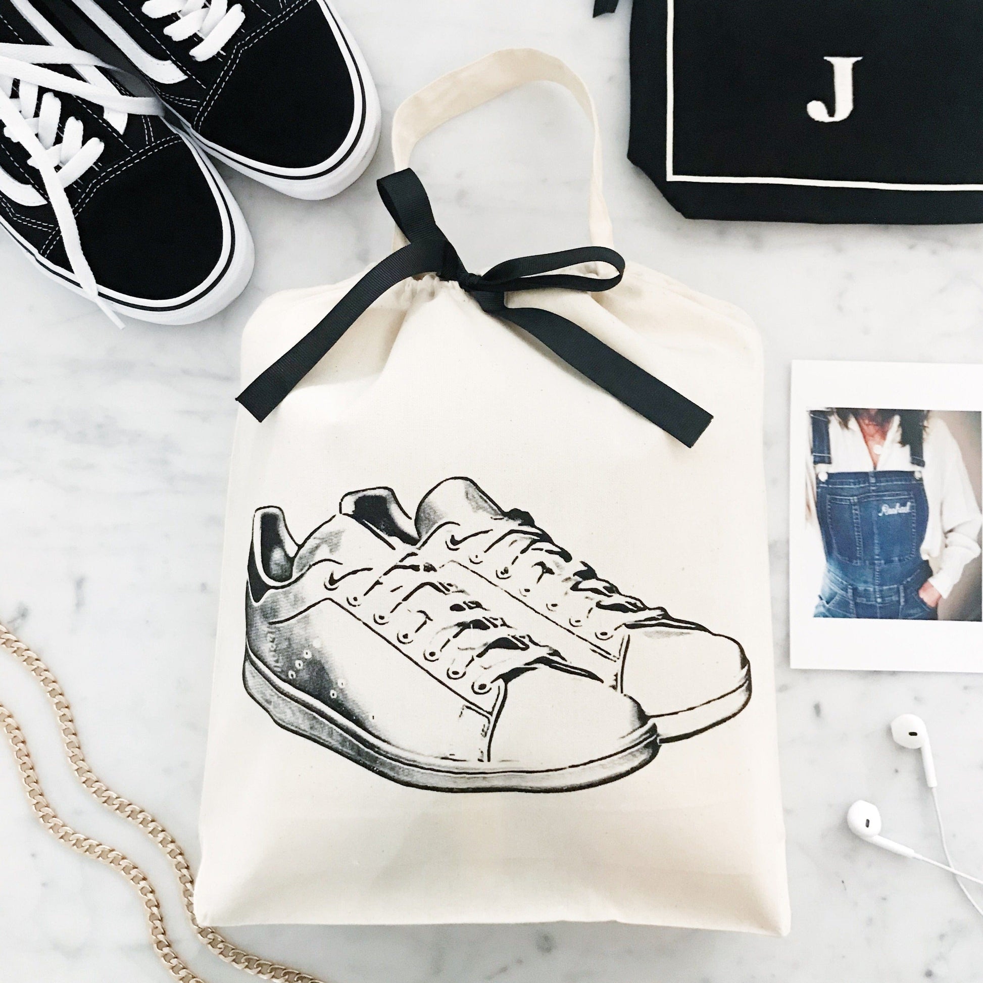 Bag-all White Sneaker Shoe Bag in cream cotton features black sneaker illustration, drawstring closure, and carrying handle for stylish footwear protection and organization