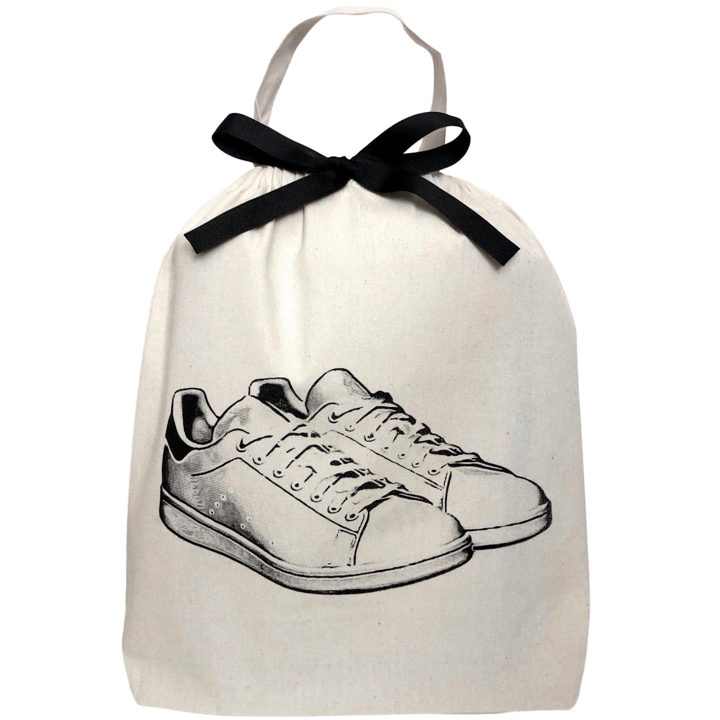 Organizing bag with white sneakers printed on the front. 