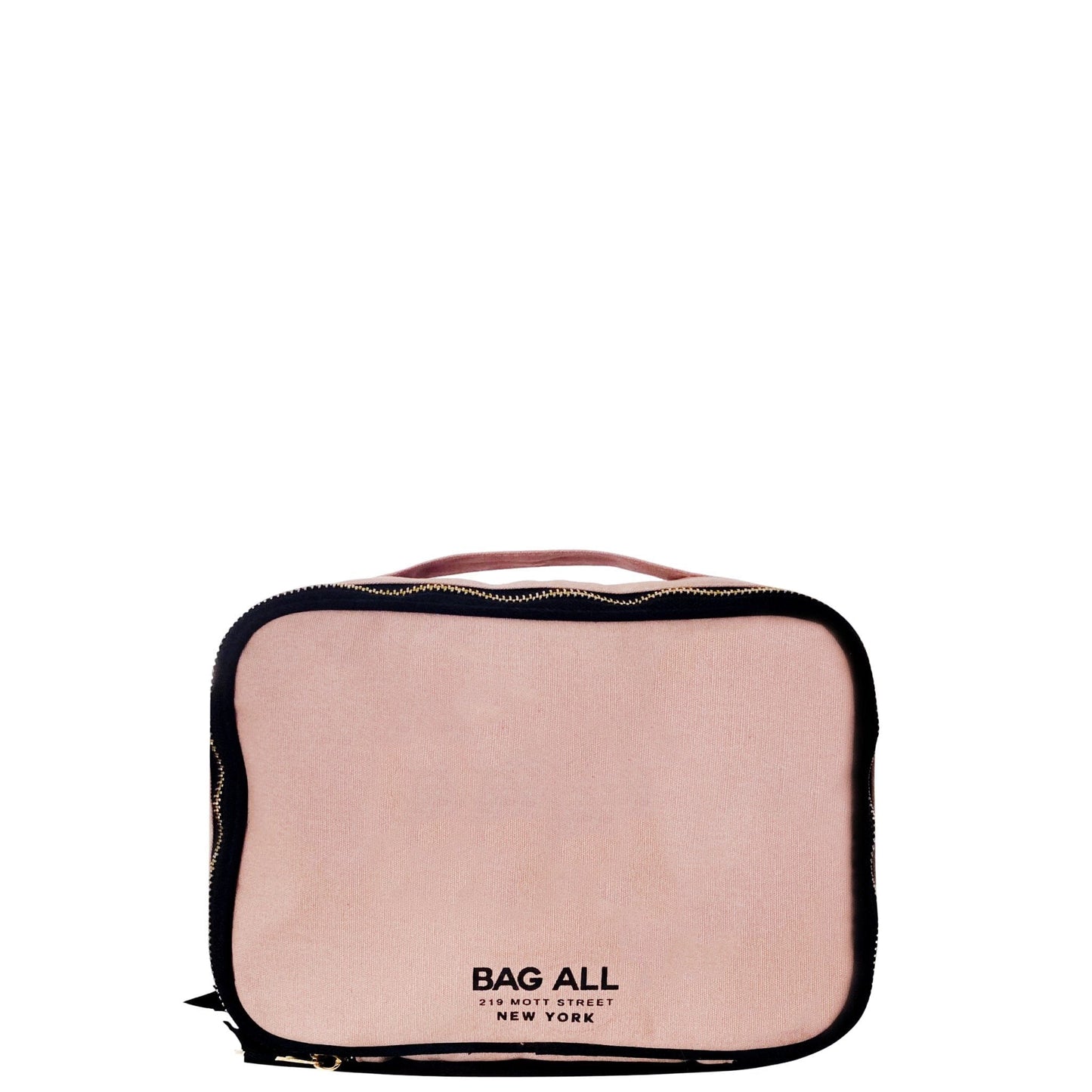 Bag-all Double Sided Multi Use Case in Pink/Blush cotton features dual compartments, elastic straps, mesh pocket and handle for versatile organizing and storage