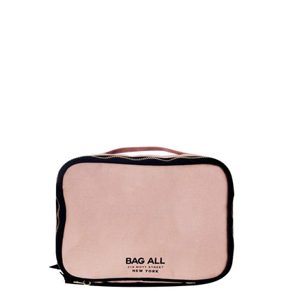 Bag-all Double Sided Multi Use Case in Pink/Blush cotton features dual compartments, elastic straps, mesh pocket and handle for versatile organizing and storage