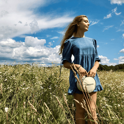 Round Lingerie Case, girl in field , denim dress