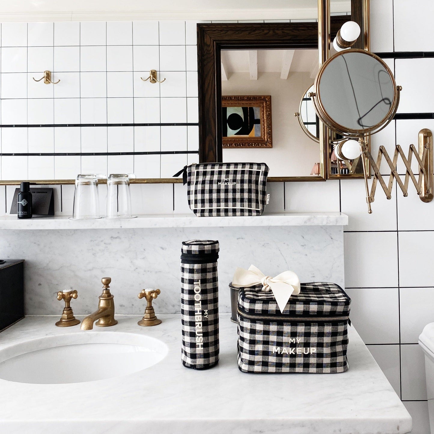 Travel essentials in gingham for your bathroom.