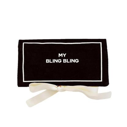 Bag-all Black Jewelry Organizer Travel Pouch with My Bling Bling text, featuring cream ribbon tie closure and white border detail, perfect for organizing jewelry on the go