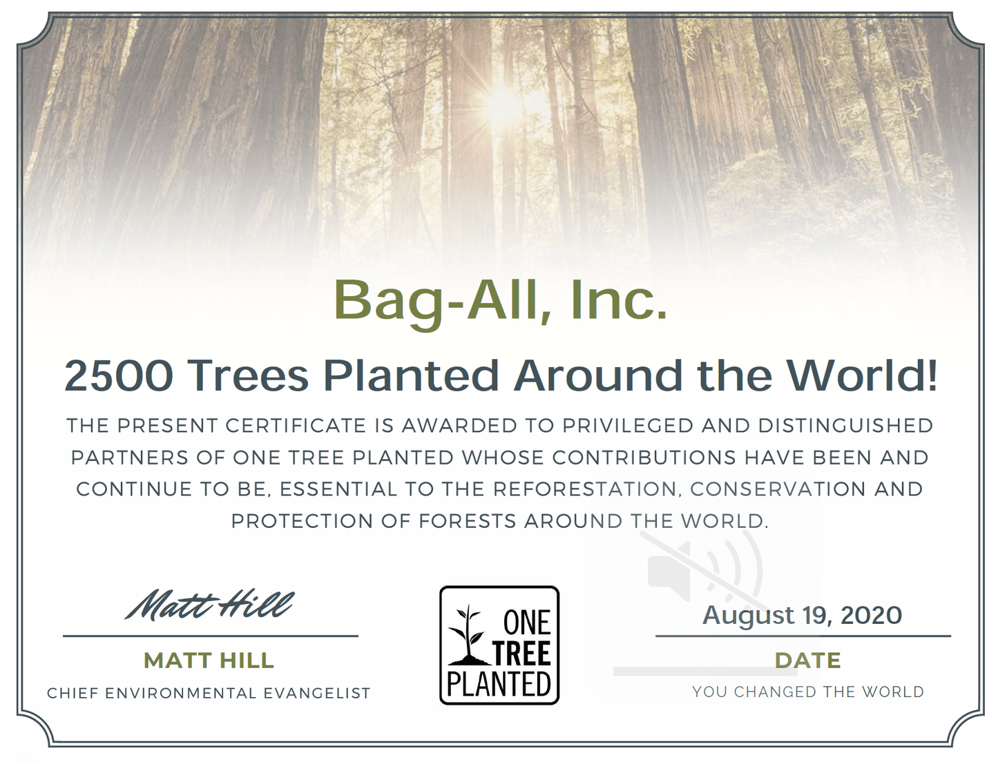 Bag-all Plant a Tree certificate showing 2500 trees planted worldwide through OneTreePlanted partnership for environmental conservation and reforestation efforts