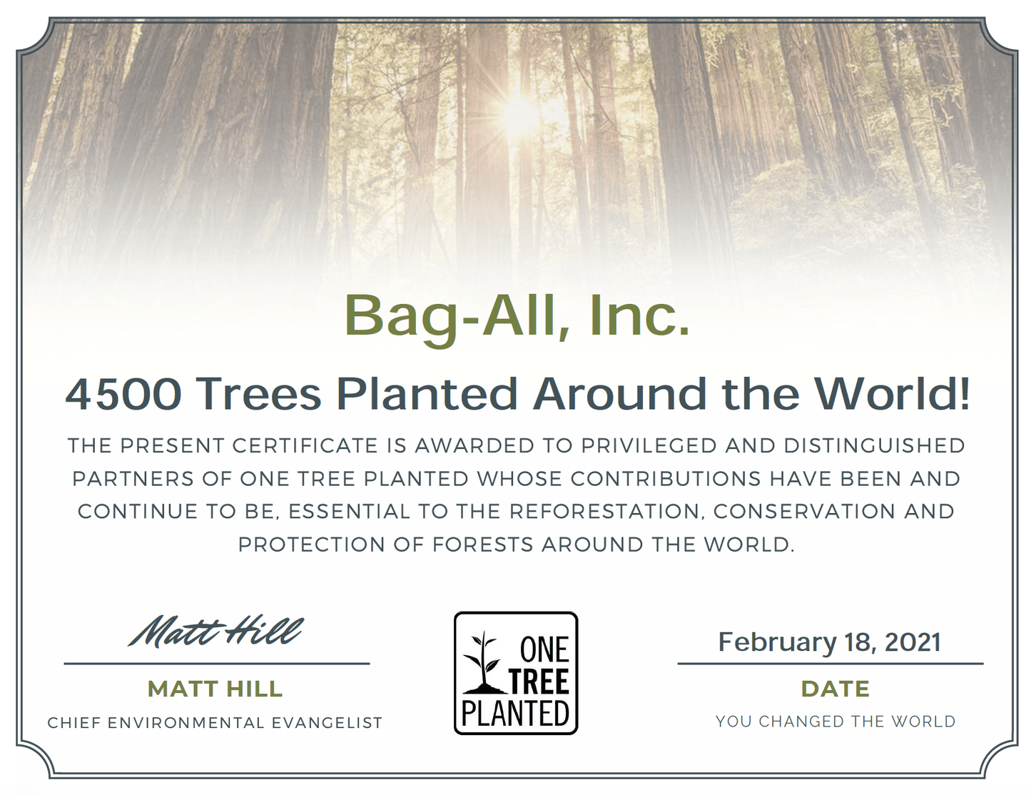 Bag-all Plant a Tree certificate from One Tree Planted showing 4500 trees planted worldwide for environmental conservation and reforestation efforts