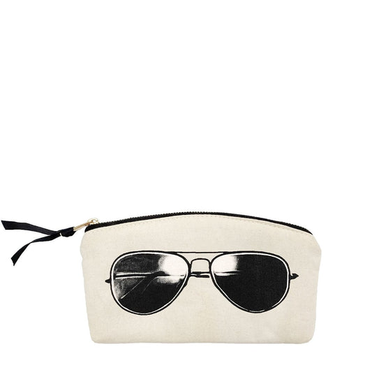 Bag-all Pilot Glasses Case in cream with black aviator sunglasses print, featuring gold zipper closure and canvas material for stylish eyewear protection and storage