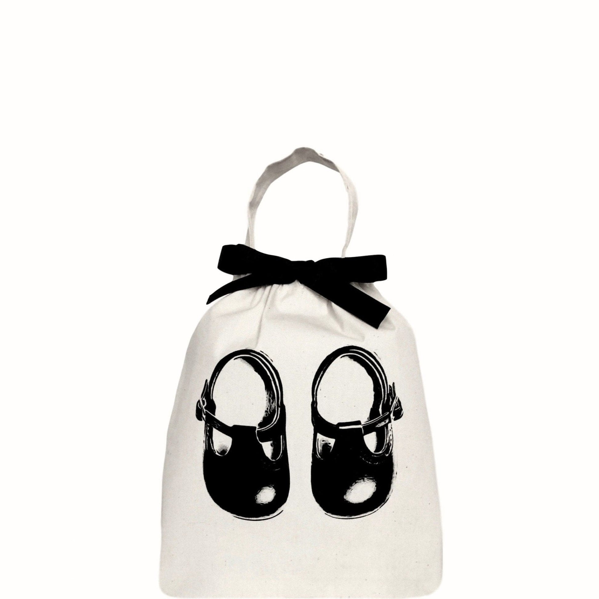 Bag-all Baby Shoe Bag in cream with black bow and baby shoe print. Perfect for keeping little shoes organized and stylish