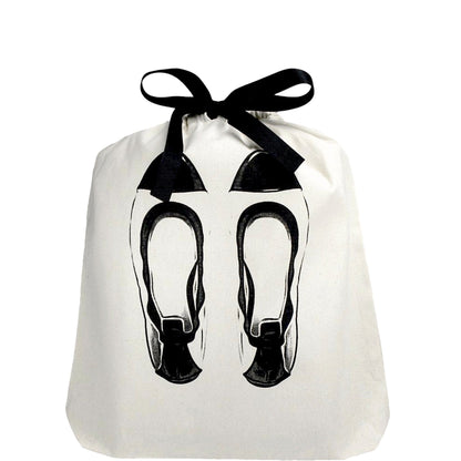 Bag-all Ballet Flat Shoe Bag in cream with black grosgrain ribbon. Elegant cotton pouch for storing and protecting ballet flats