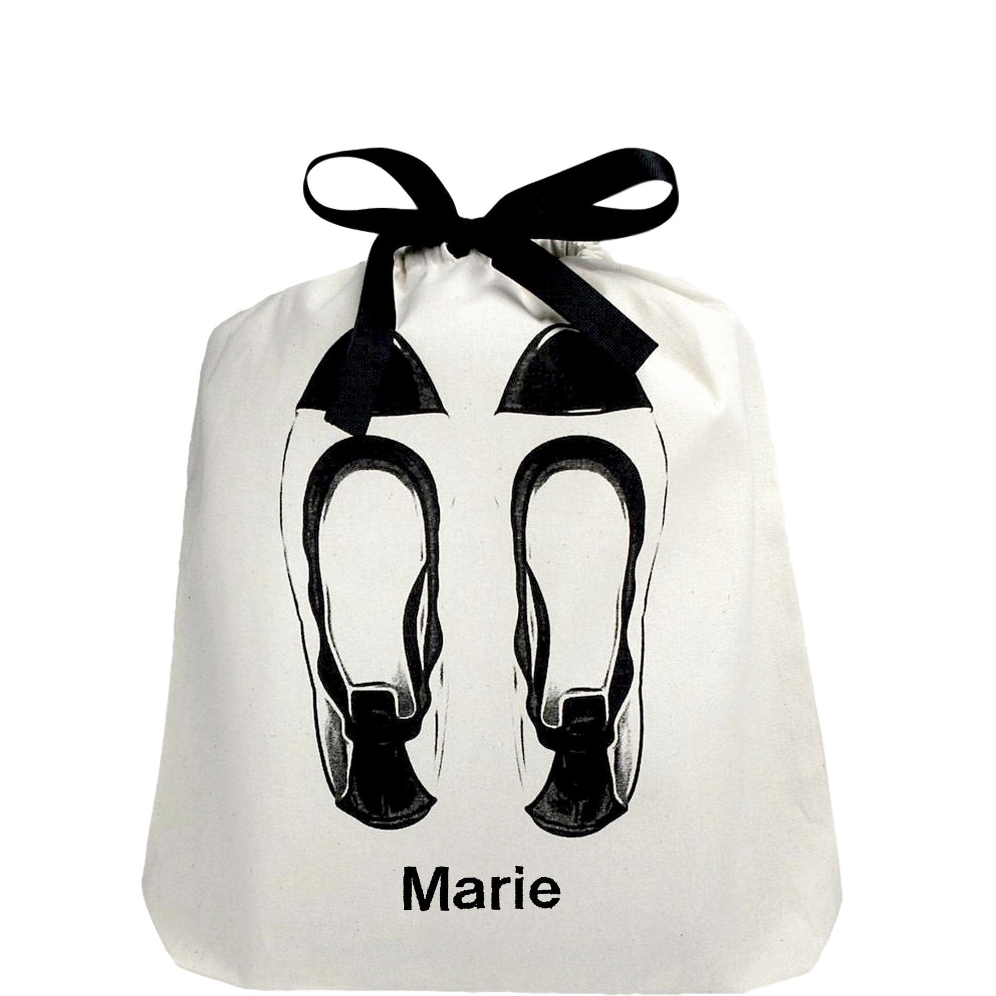 Bag-all Ballet Flats Shoe Bag in cream with black bow, personalized with ‘Marie’ monogram. Stylish cotton shoe storage pouch