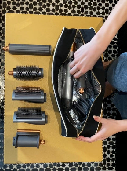 Bag-all Roomy Hair Wrap Tools Travel Case Black with heat-resistant lining, showcasing storage capacity for Dyson Airwrap and attachments, featuring gold zipper and sustainable cotton material