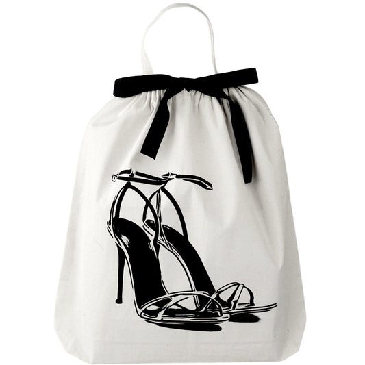 Bag-all cream cotton shoe bag with black high heel sandal print and bow tie, perfect for travel organization and closet storage