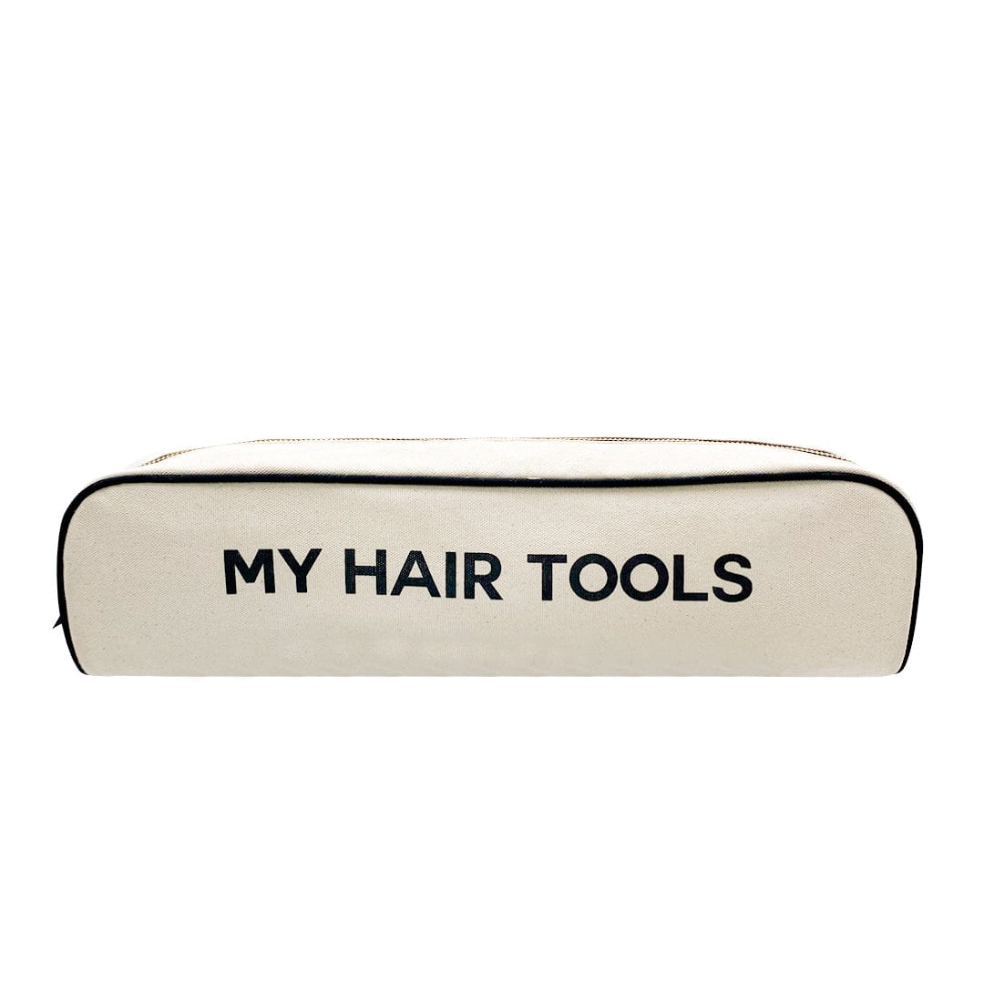 Bag-all Roomy Hair Wrap Tools Travel Case in cream canvas with black text 'MY HAIR TOOLS', featuring gold zipper and heat-resistant lining for Airwrap and styling tools