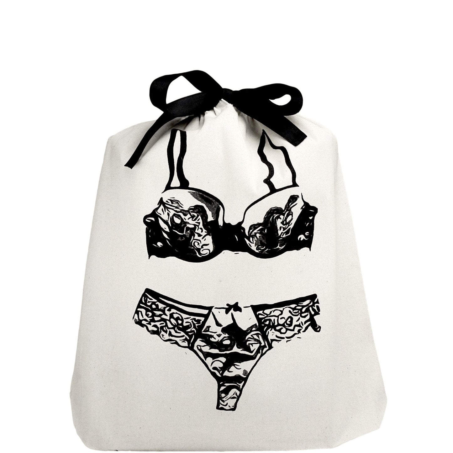 Bag-all Cream Lace Lingerie Travel Bag featuring black lingerie illustration with bow tie closure, perfect for organized travel and storage