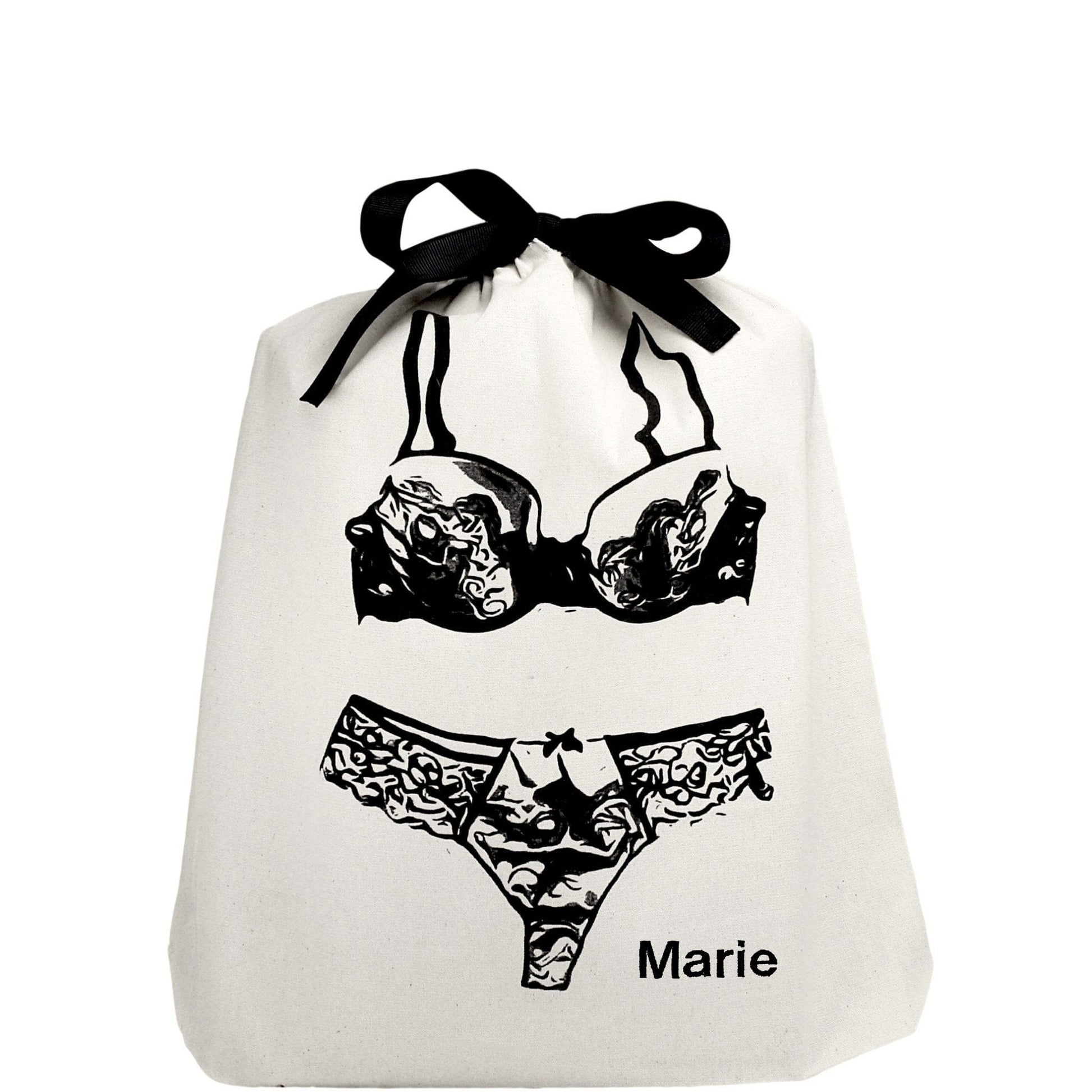 Bag-all Lace Lingerie Travel Bag in cream cotton featuring black lingerie illustration with chic bow closure, perfect for organized travel and storage