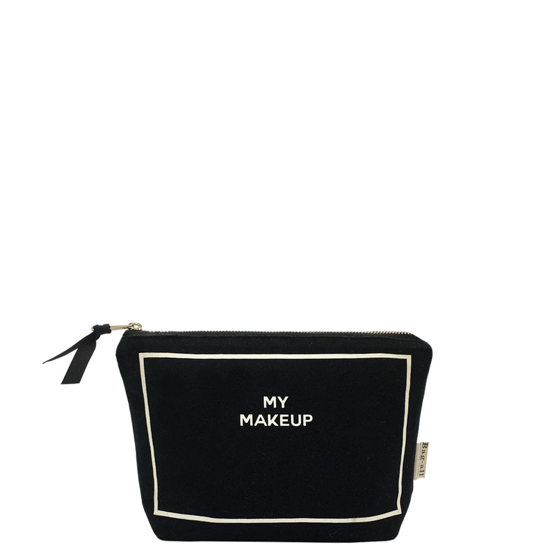 Bag-all My Makeup Pouch in black cotton with waterproof coated lining, featuring white border trim and zipper closure, perfect for organizing daily beauty essentials