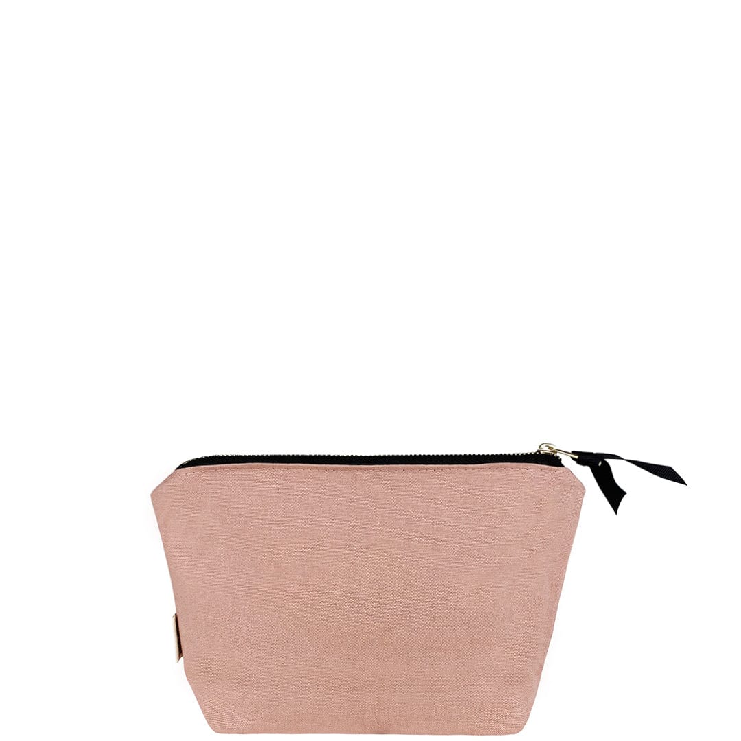 Bag-all My Makeup Pouch in blush pink with coated black lining, gold zipper and black bow detail - compact cosmetic organizer with waterproof interior