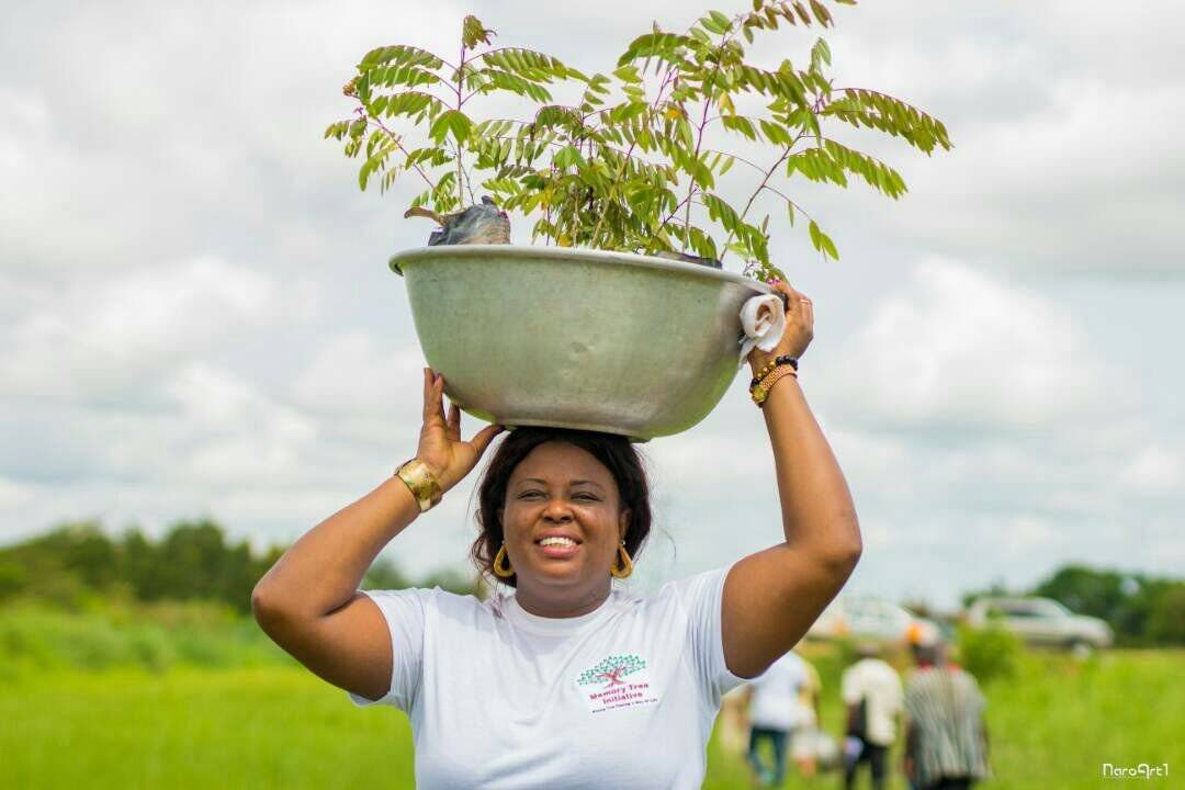 A person wearing a white t-shirt lifts a large green planter bowl filled with seedlings overhead in a lush field, demonstrating Bag-all's Plant a Tree initiative for sustainable reforestation efforts