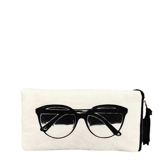 Bag-all Glasses Case with Outside Pocket in Cream featuring black sunglasses design, zipper closure and practical exterior storage pocket for essentials