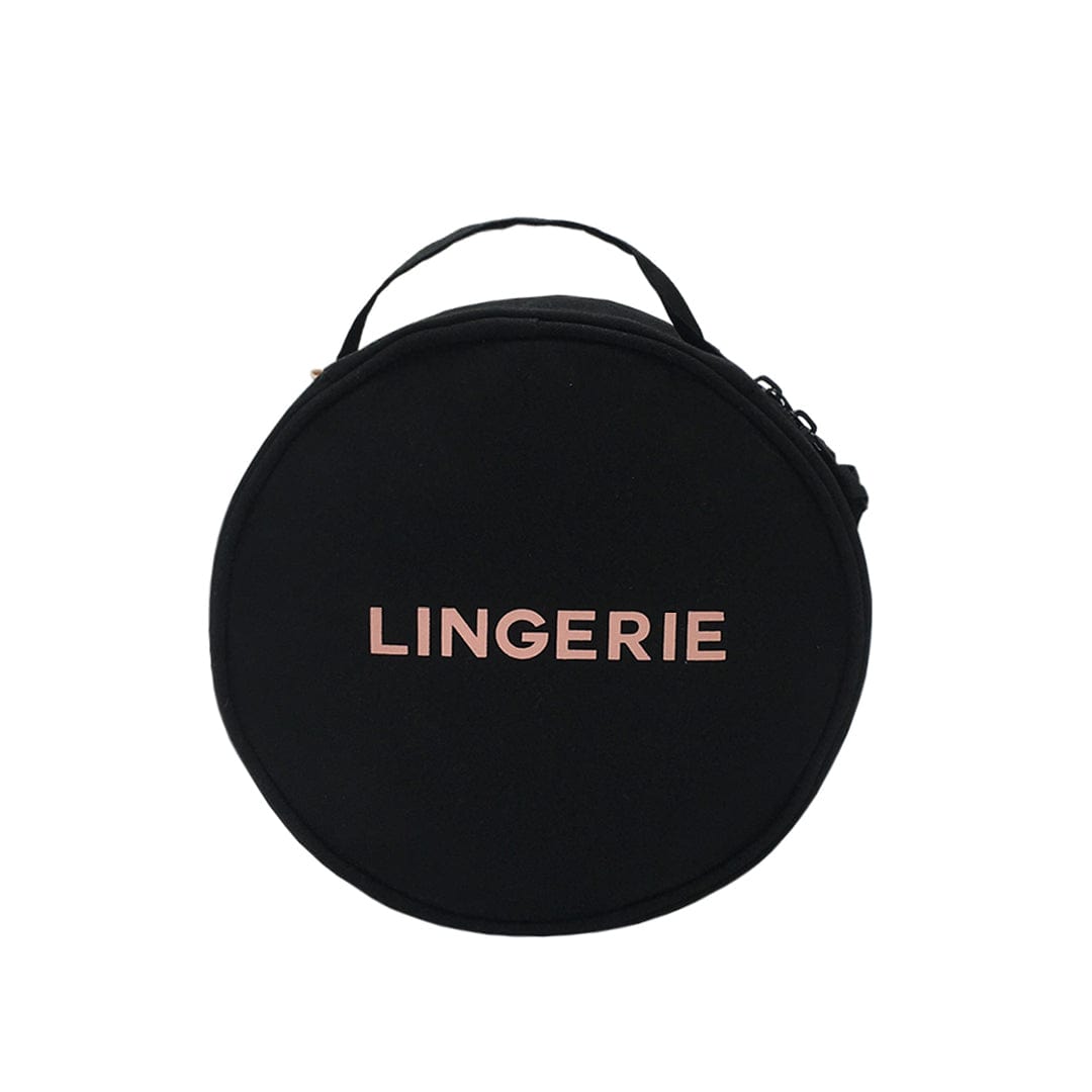 Bag-all Round Lingerie Case in black with pink lettering, featuring top handle and dual zippers, perfect for organizing delicate undergarments while traveling