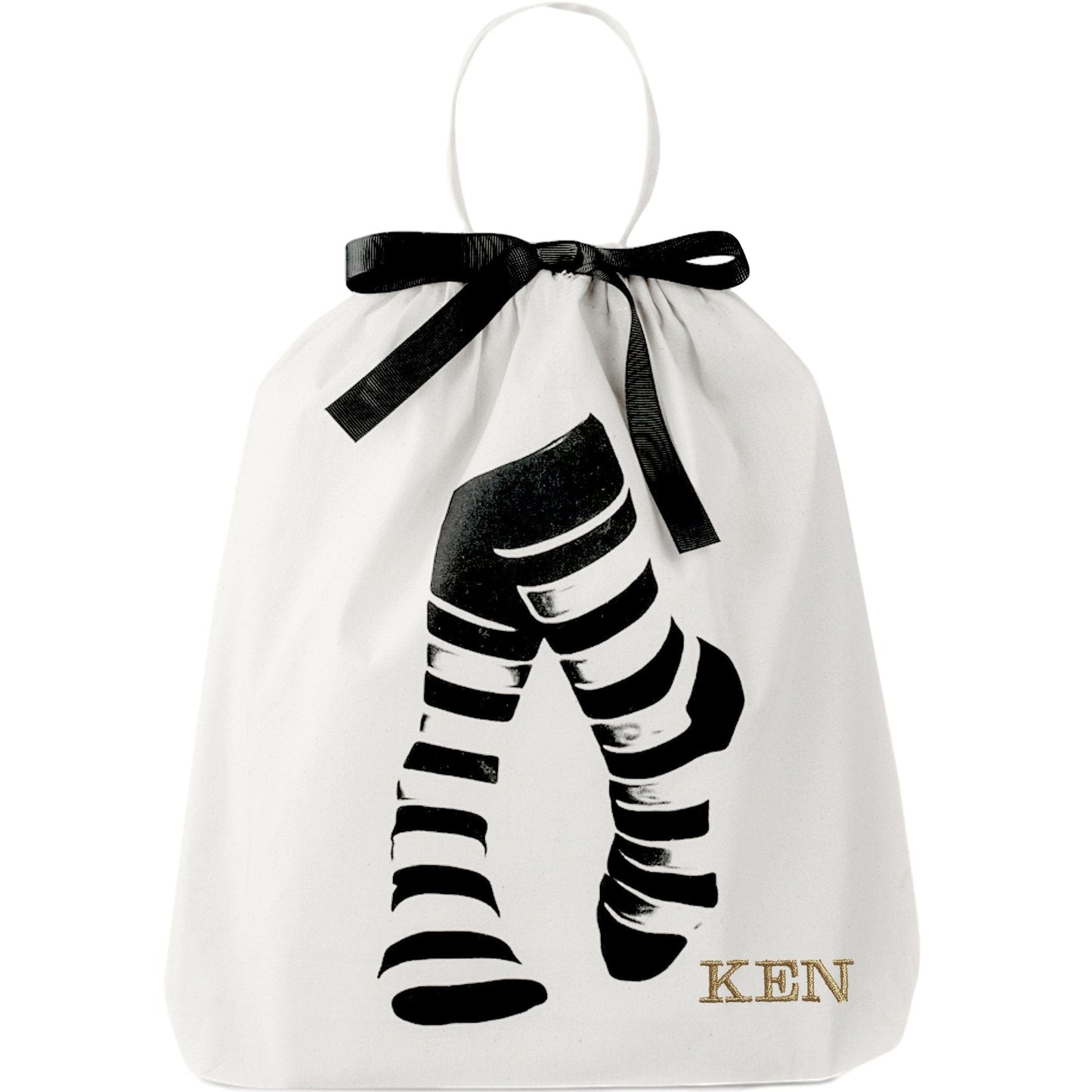 Bag-all Sock Short Bag in cream with black striped socks design and monogram detail, featuring drawstring closure with black ribbon for organized sock storage