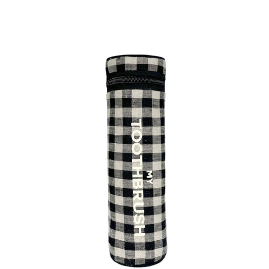 Bag-all Toothbrush Travel Case in classic black and white gingham pattern with vertical text, featuring zippered closure and laminated interior for easy cleaning